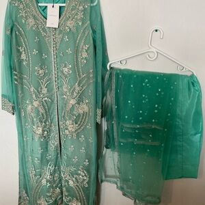 Embroidered Teal Net Dress- 4Pc- by Sapphire-Pakistani/Indian